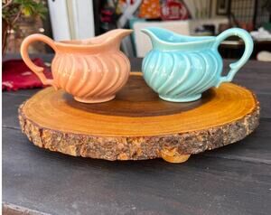 Vtg Pair of Franciscan Coronado Creamer Pitchers - Coral & Turquoise